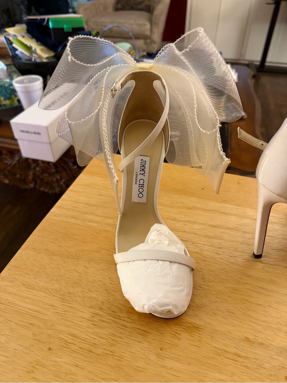 Jimmy Choo Ivory Satin Bow Ankle-Strap Heels with Tulle Bow